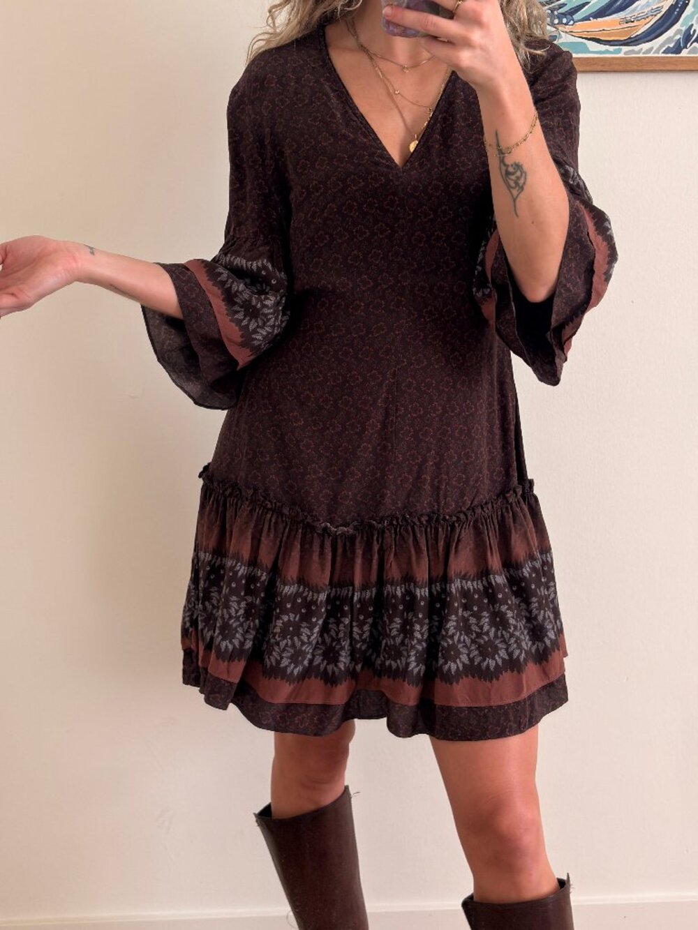 All Saints Rayen Anokhi 100% Silk Dress Bohemian Ruffle Small